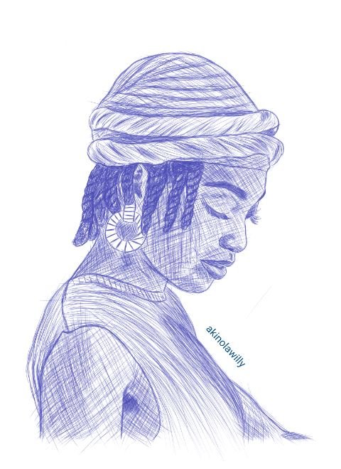 Pen drawing : A drawing of a lady with dreads and a head tie.