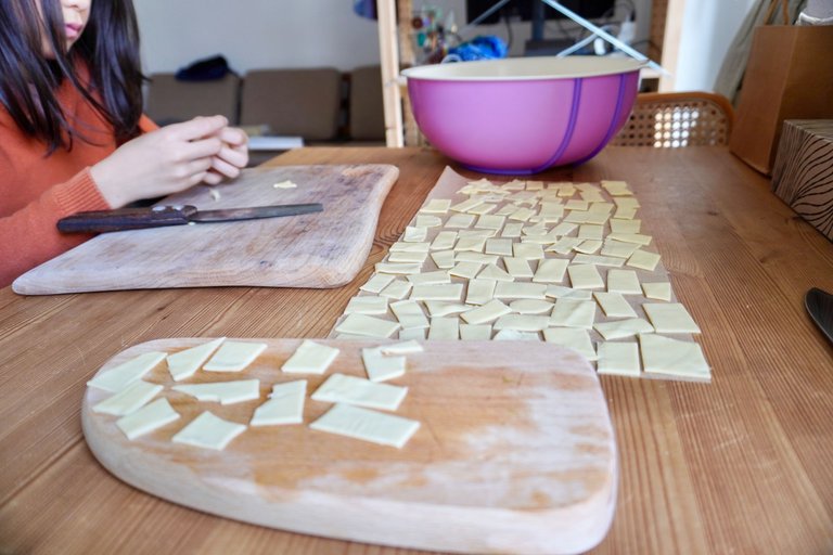 Cutting up leftover dough with my daughter