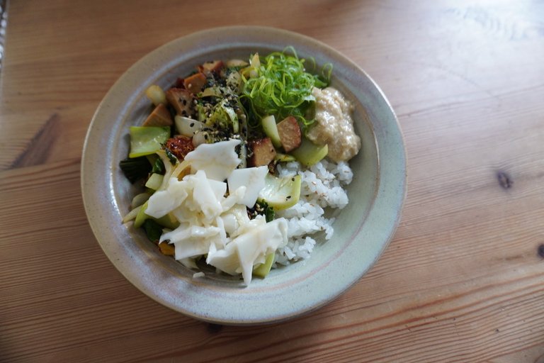 The paste in the top right is vegan tuna — it pairs well with rice.