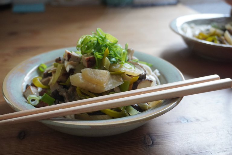 Udon with mushrooms and vegetables