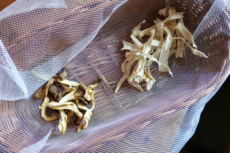 Left: dried oyster mushrooms; Right: dried daikon skin