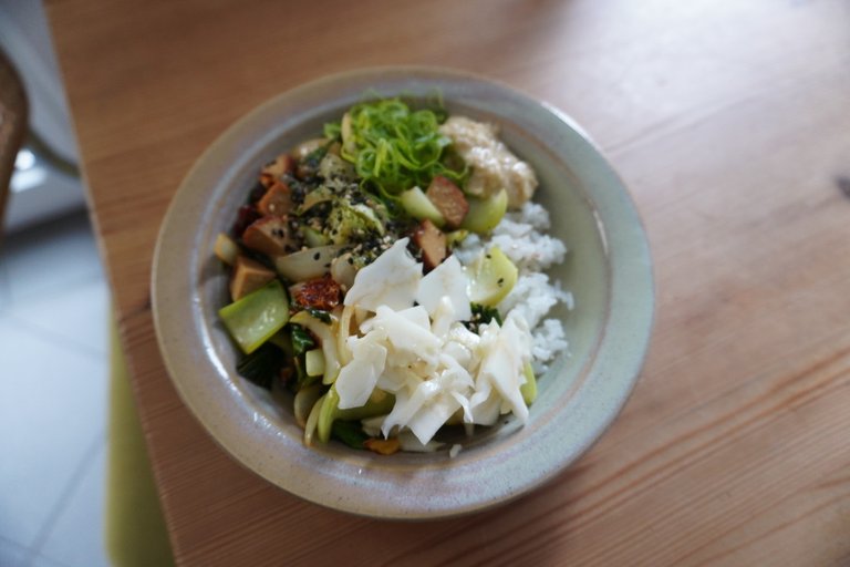 Salt brine pickles on a rice bowl