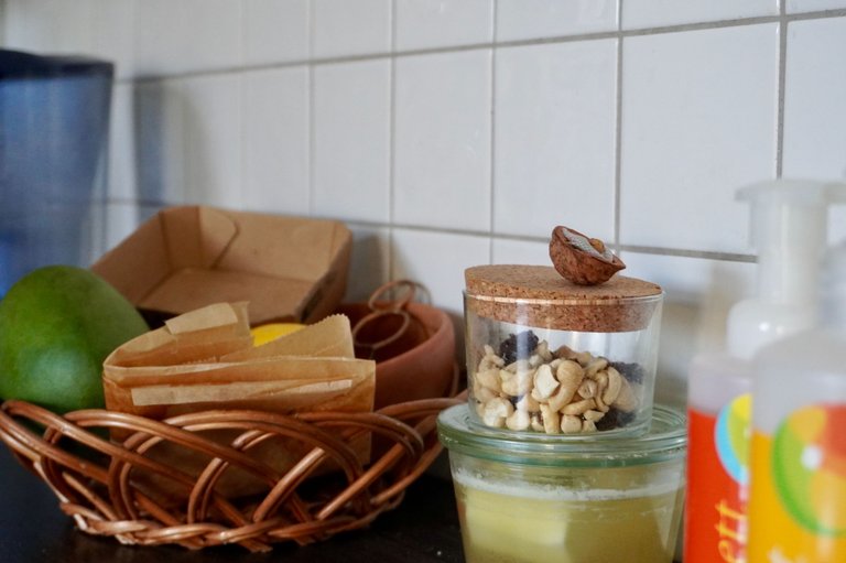 Snack jars of nuts and dried fruits in the corner of my kitchen.