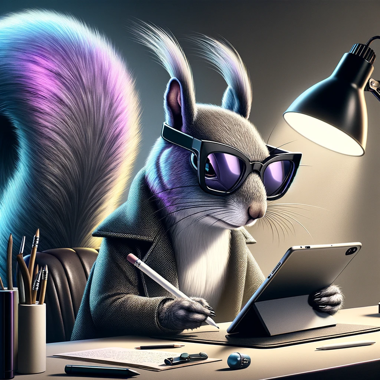 DALL·E Squirrel at desk with Ipad Lageerfeld glasses 2024-02-05 08.50.41 - Visualize a contemporary cartoon scene where a gray squirrel, embodying a modern writer, sits at a sleek, stylish desk. This squirrel, now wearing dis.png