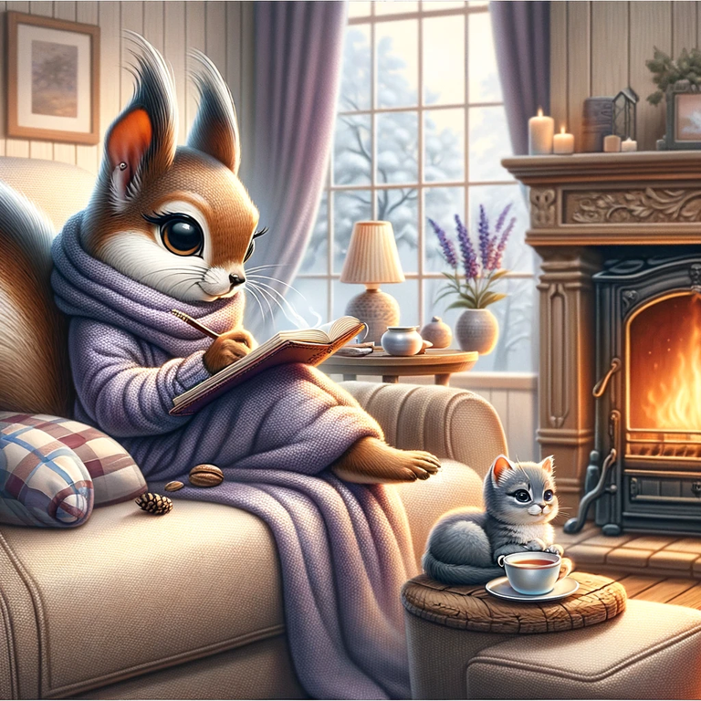 girl squirrel DALL·E 2024-02-07 06.50.00 - A cartoon-realistic squirrel, styled as a journal writer, comfortably seated on her sofa with a cozy blanket draped over. Beside her, a serene gray ki.png