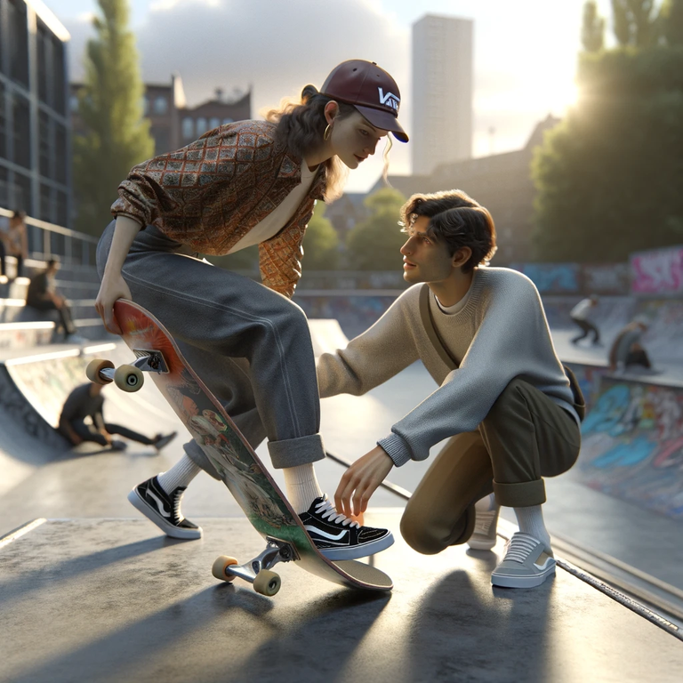 skateboard kindness DALL·E 2024-02-13 09.42.55 - Refine the photorealistic image to depict a young woman skateboarder, now off her skateboard and holding it in her hand, offering assistance to a youn.png