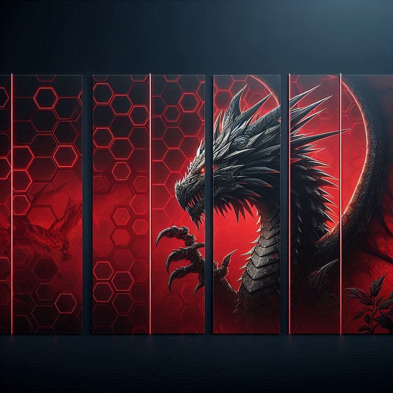 a sleek page divider in a Hive Gaming theme with a dragon outlined in red in the background, realistic, stretched and slimmed down in the Y-axis.png