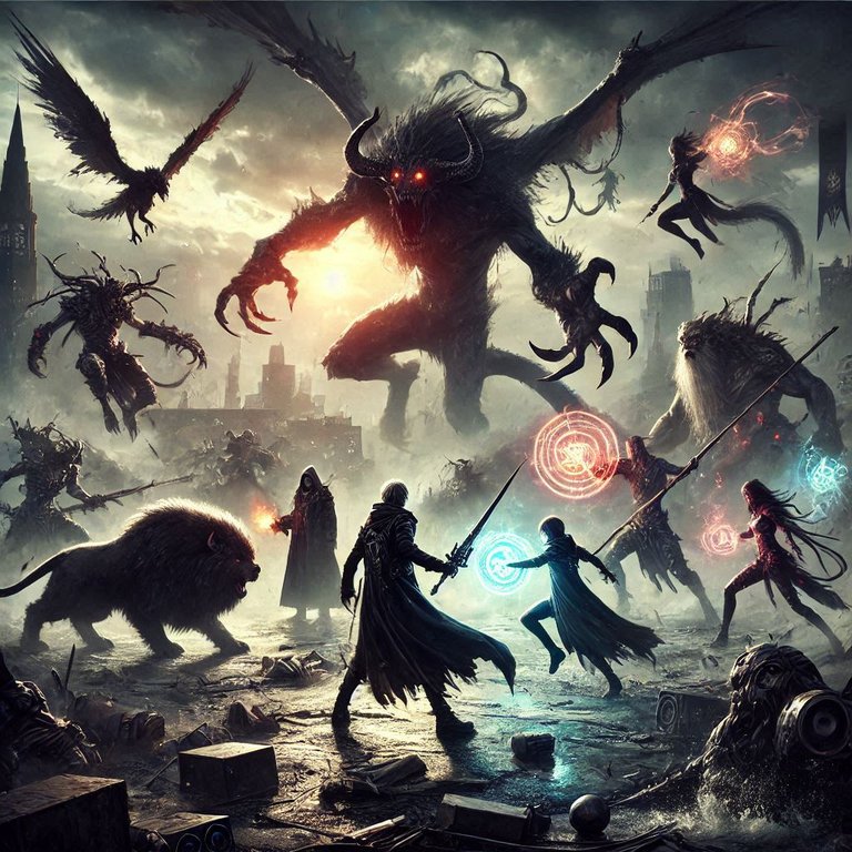 Dark Summoners battling beasts in a post-apocalyptic world with a dystopian setting, featuring multiple summoners and more beasts (1).png