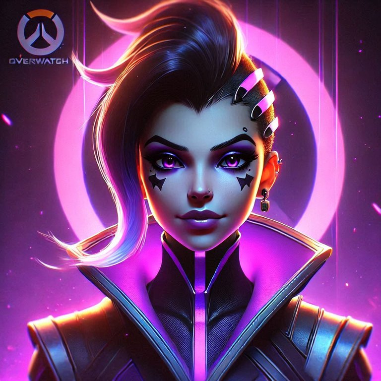 Sombra from Overwatch 2 in the center of the image with a purple-hued background.png