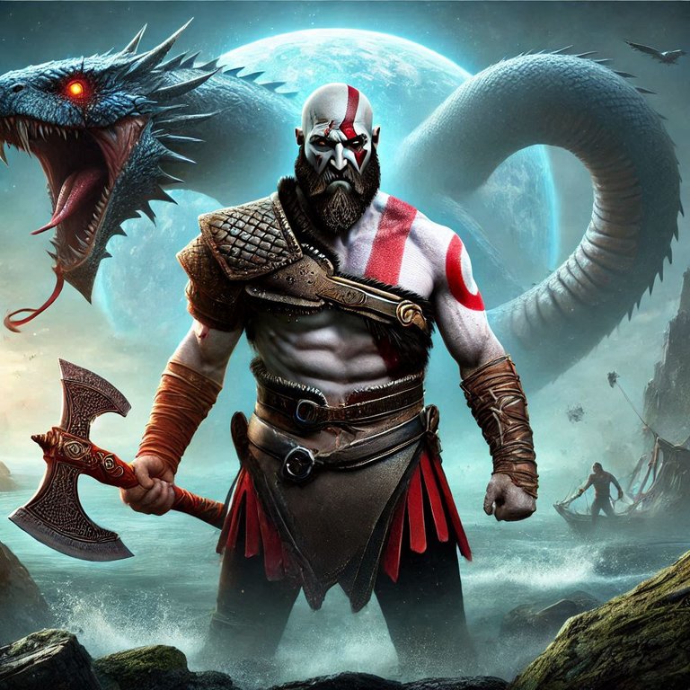 Kratos holding the Leviathan Axe and Mjolnir with the world serpent in the background.png