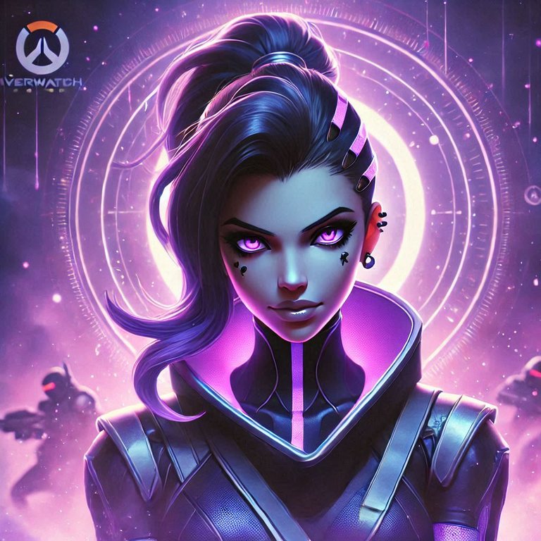 Sombra from Overwatch 2 in the center of the image with a purple-hued background (1).png