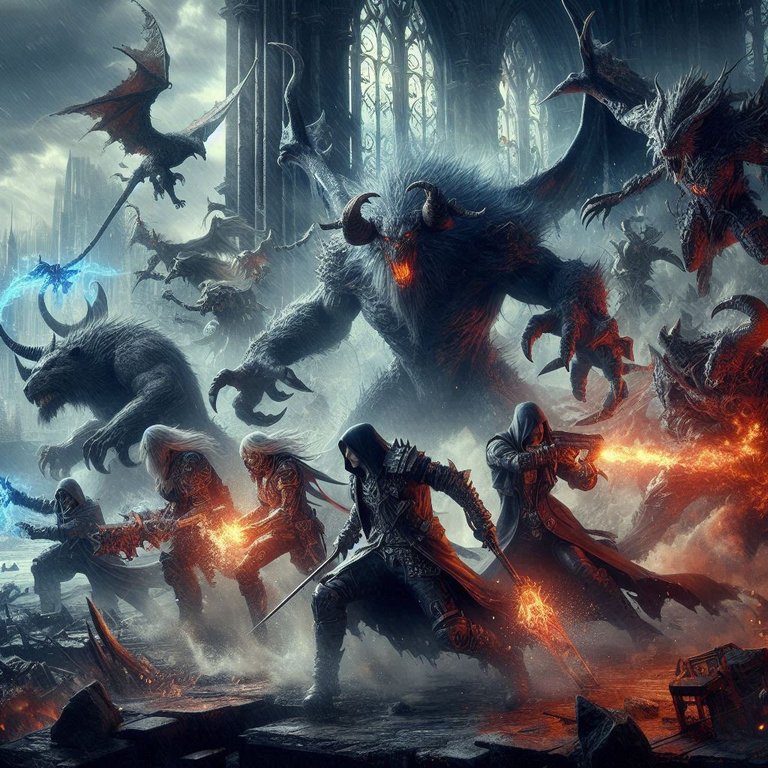 Dark Summoners battling beasts in a post-apocalyptic world with a dystopian setting, featuring multiple summoners and more beasts.png