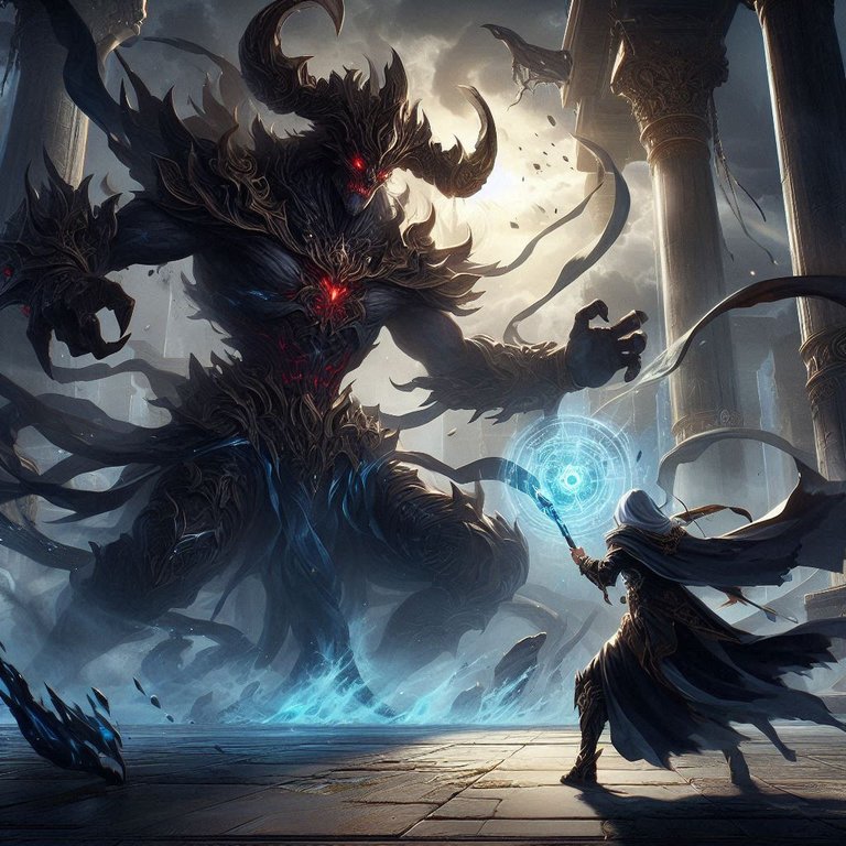 A dark summoner in a 1 v 1 battle with an ancient beast.png