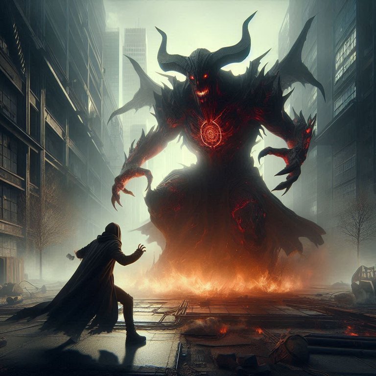 A dark summoner in a 1 v 1 battle with a demon in a dystopian, post-apocalyptic world.png