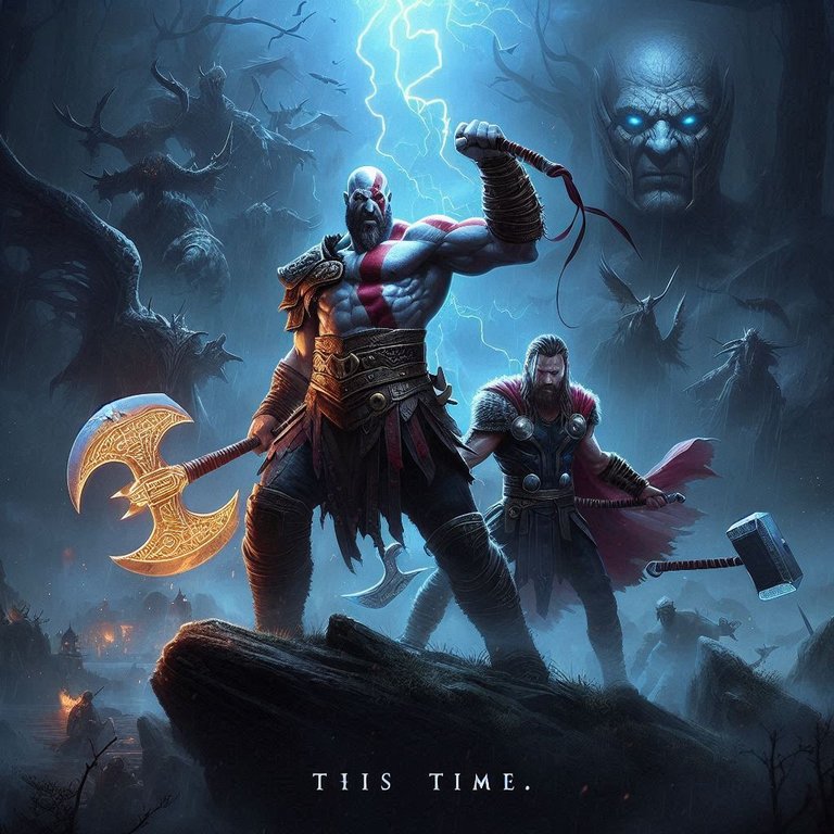 Kratos wielding the Leviathan Axe and Blades of Chaos, Thor holding Mjolnir, with the words This Time at the bottom, set in a dark night in Midgard.png