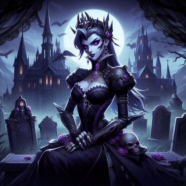 A gothic-inspired image of a character similar to Moira from Overwatch, with tombstones and castles in the background.png