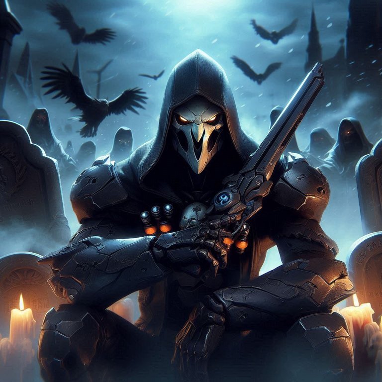 Reaper from Overwatch 2 with a grim background and tombstones (1).png