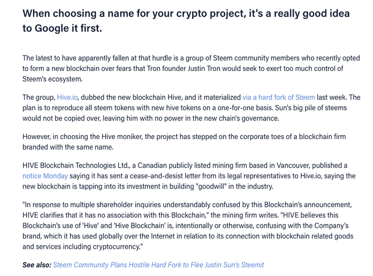 When choosing a name for your crypto project, it's a really good idea to Google it first