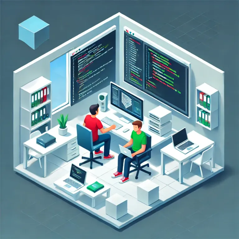 DALL·E 2024-08-27 17.11.54 - Isometric style depiction of a programmer and a graphic designer collaborating in a digital workspace. The image features clean lines and a three-dime.webp
