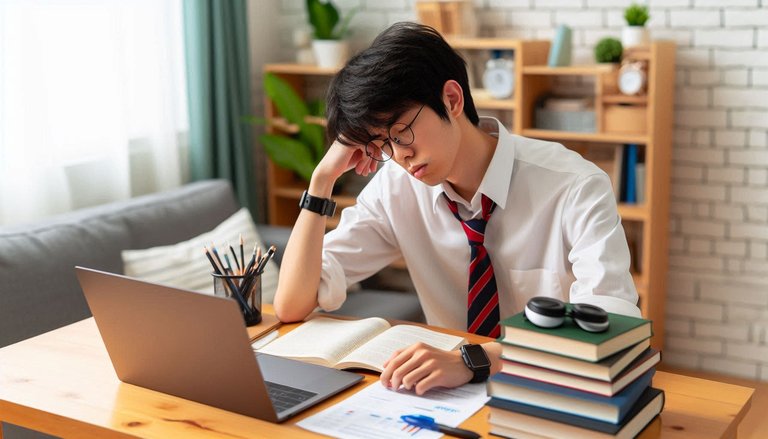 a college guy not wearing a uniform in his room trying to study while doing a freelance writing work and feel tired.jpg