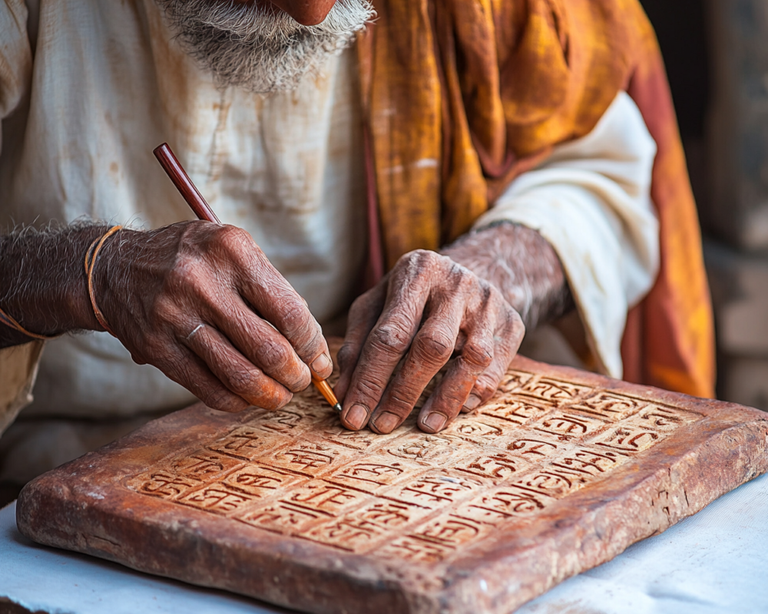 antikesdenken_An_old_indian_drawing_brahmi_letters_on_a_clay_ta_2e7189b0-095f-49db-a8ed-775a8ba6fc6d_skaliert.png