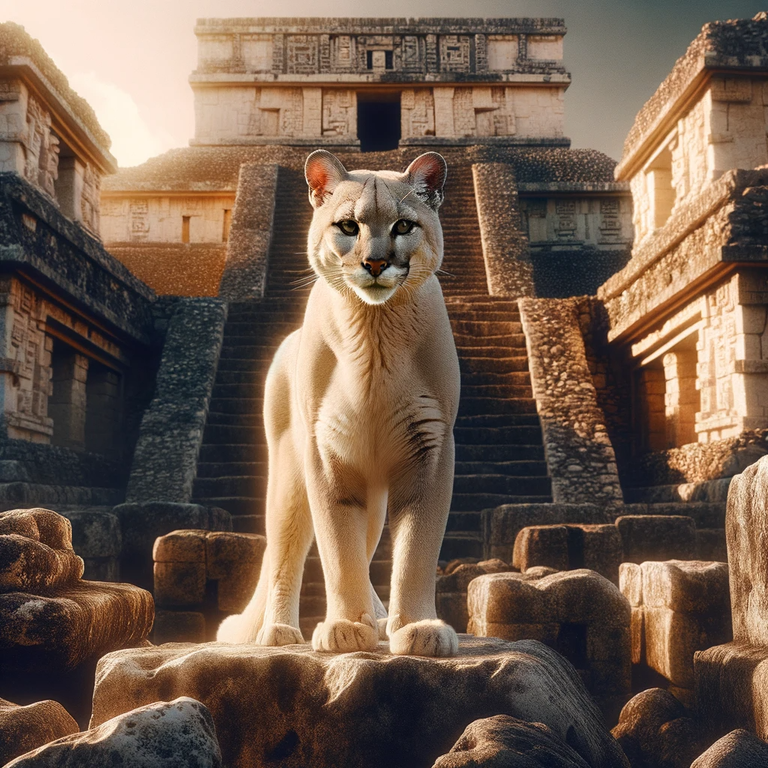 DALL·E 2023-10-28 17.25.03 - Photo of a powerful white puma standing majestically atop an ancient stone temple among the ruins of a Mayan temple complex. The puma stares directly .png