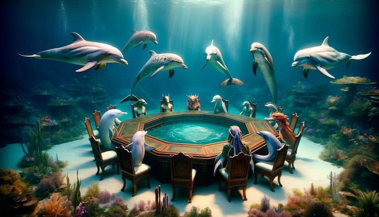 DALL·E 2024-05-02 12.28.43 - Underwater meeting at an octagonal mahogany table, attended by eight vibrant and beautiful sea creatures, including dolphins and others.jpeg