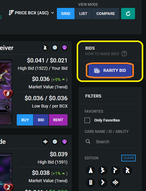In the Yellow rectangle is the BID window. Press the blue "RARITY BID" button. *This window is present in all View Modes.