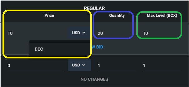 Price of 1 BCX / Quantity : How many cards you want to get / Max Level (BCX) : Maximum many cards can be combined together which is still interesting for you