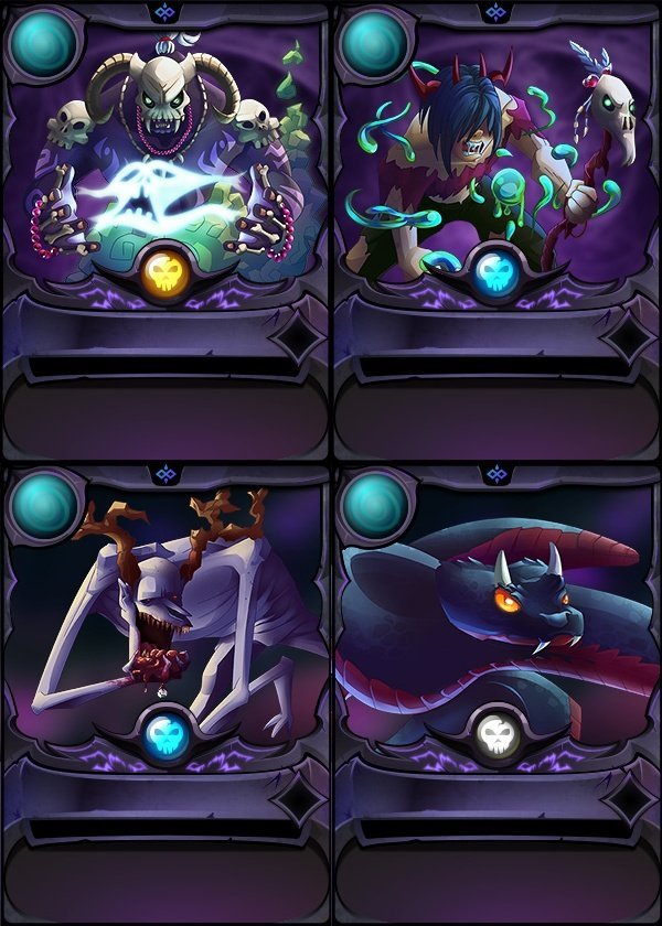 Chaos legion: death /
Top left:Legendary Djinn Muirat (Invader) /
Top right:Rare Summoner (Invader) /
Bottom left:Rare Cursed Windeku (A Defender) /
Bottom right:Common Silent Shavi (A Defender)