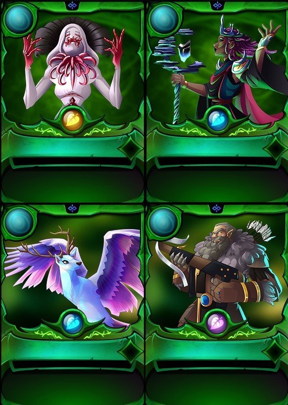 Chaos legion: earth /
Top left:Nightmare Fuel Queen Mycelia /
Top right:Earth Summoner /
Bottom left:The Regal Peryton /
Bottom right:Werewolf