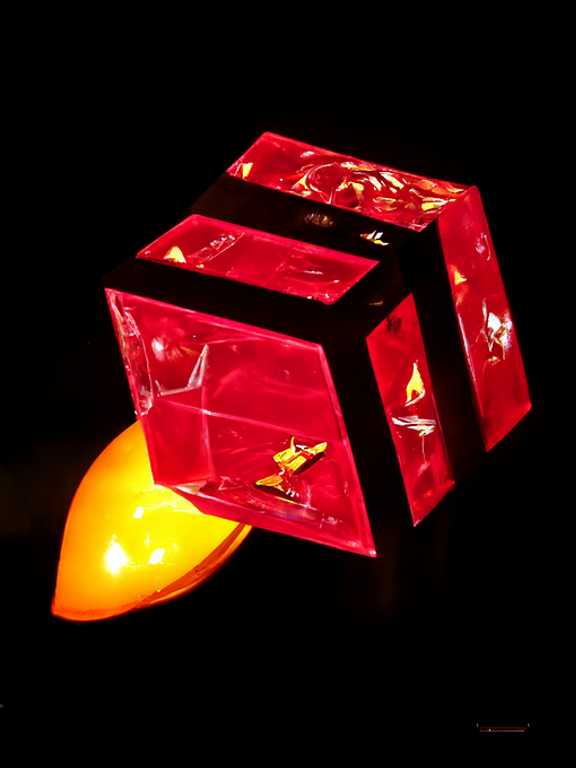 alien red cube ship made of translucent ruby with large yellow and orange rocket flame by William Harnett