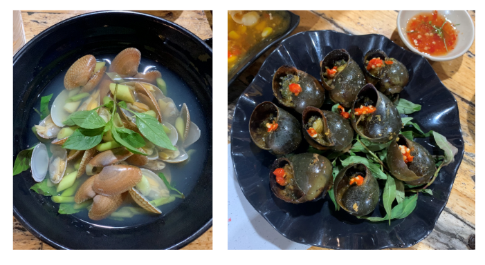 Grilled snails with green pepper and steamed clams with lemongrass