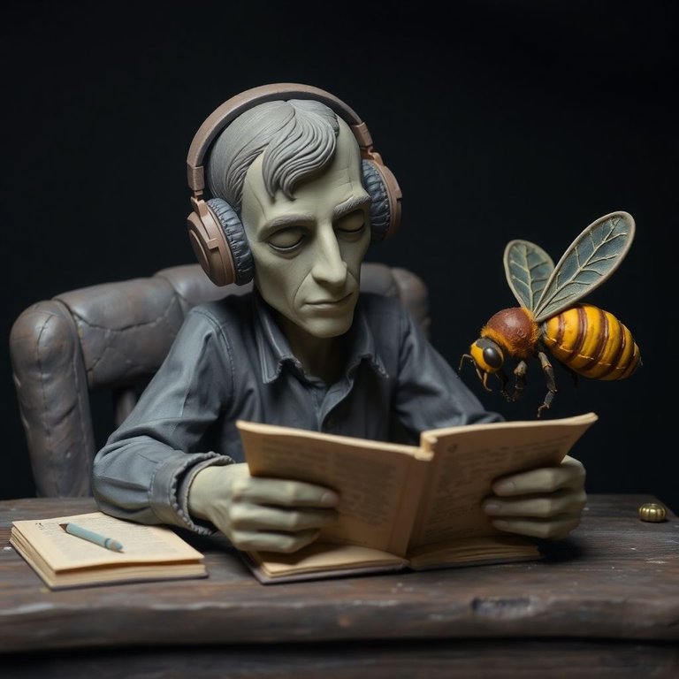 Sculptural clay art depicting a calm man with headphones reading at a desk, a large visible bee present; dark tones, modeled shapes, textured surfaces, unsettling details create an eerie atmosphere.jpg