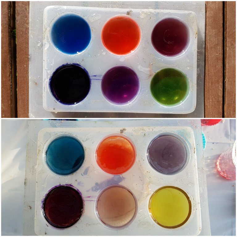 Bottom Row are coloured with liquid candle dye. The middle is the left one diluted. The right is coloured with minute amounts of green dye. Left to cure in full sun, you can see how much they faded.