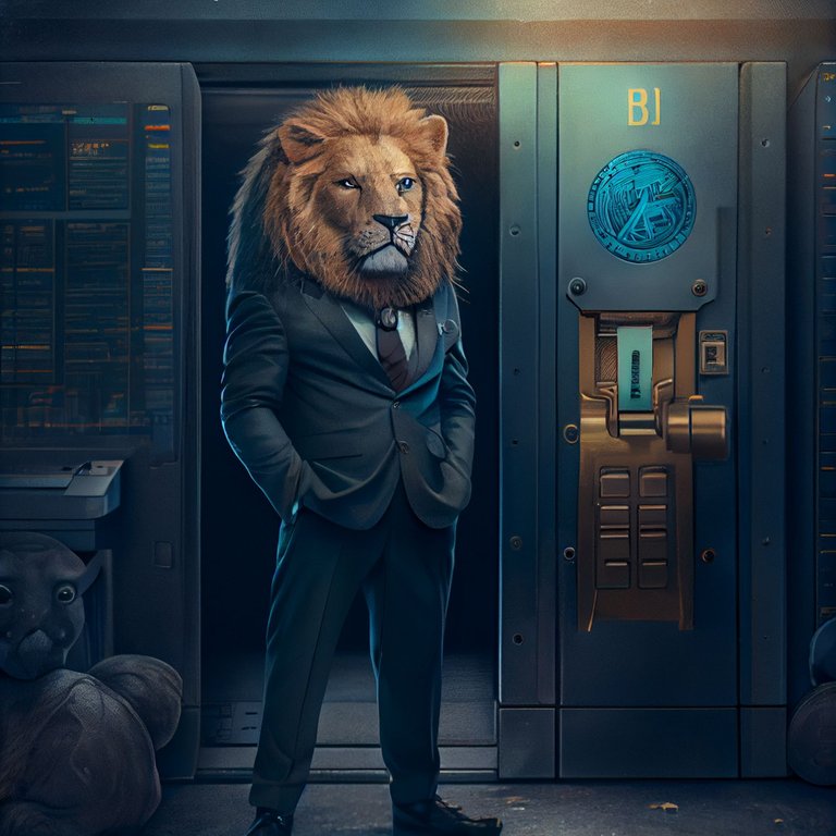 Beggars_a_lion_in_a_suit_guarding_a_bank_vault_filled_with_Bitc_0fc637e4-e696-43c1-a440-0dc864b269ad.png