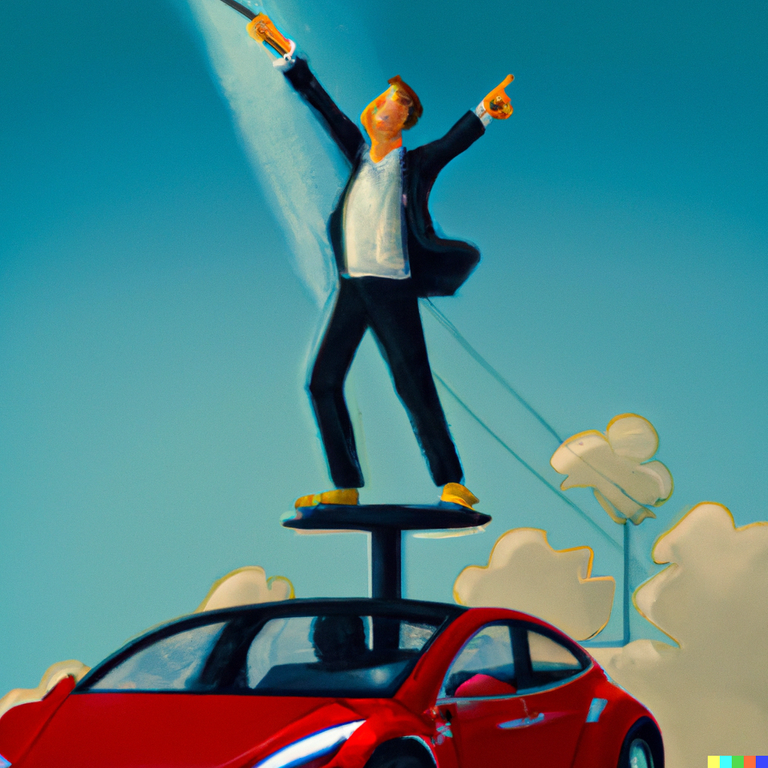 DALL·E 2022-11-05 07.28.31 - The CEO of Tesla standing on top of a tesla electric vehicle with a loudspeaker as it rains money, digital art.png