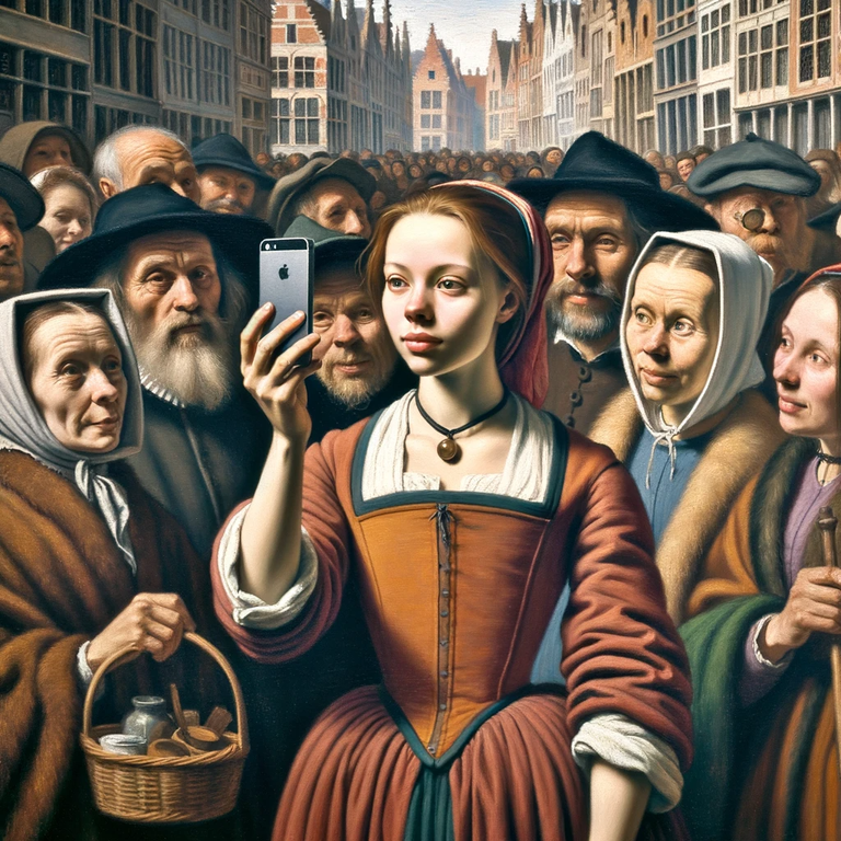 DALL·E 2023-10-26 14.31.29 - Oil painting of a young woman in a bustling market square, holding up a smartphone to take a selfie. The townsfolk around her are dressed in 16th-cent.png