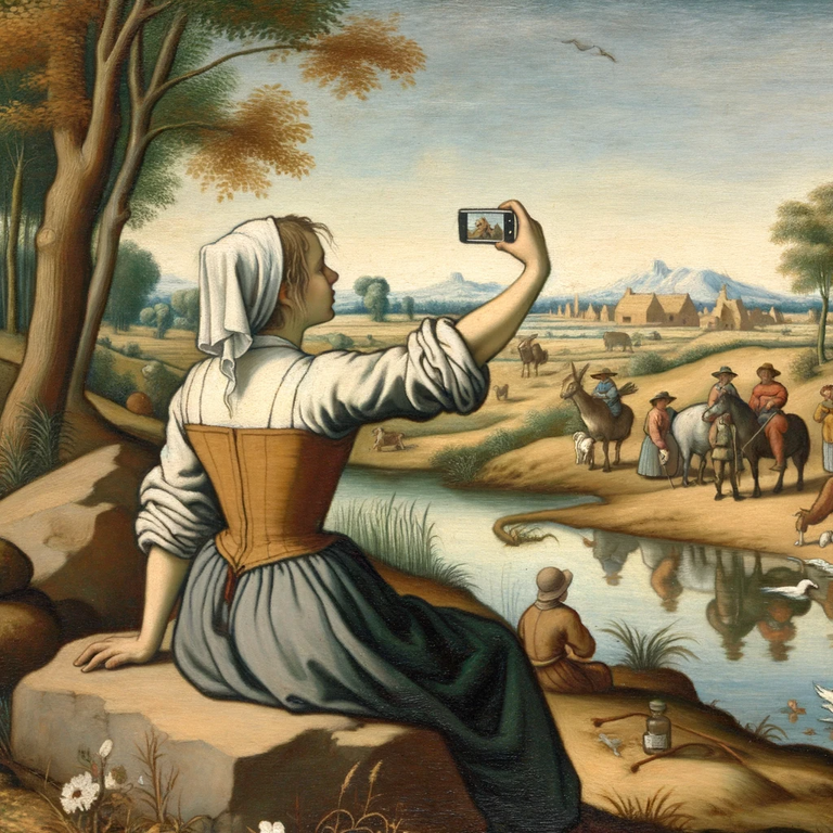 DALL·E 2023-10-26 14.31.45 - Oil painting of a young woman sitting by a riverbank, capturing a selfie with her smartphone. The landscape behind her is filled with farmers, animals.png