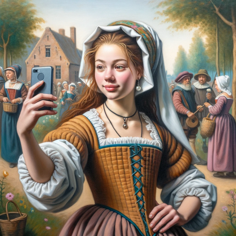 DALL·E 2023-10-26 14.32.01 - Oil painting of a young woman with long hair, dressed in 16th-century Flemish attire, taking a selfie with a modern smartphone. The background is a li.png