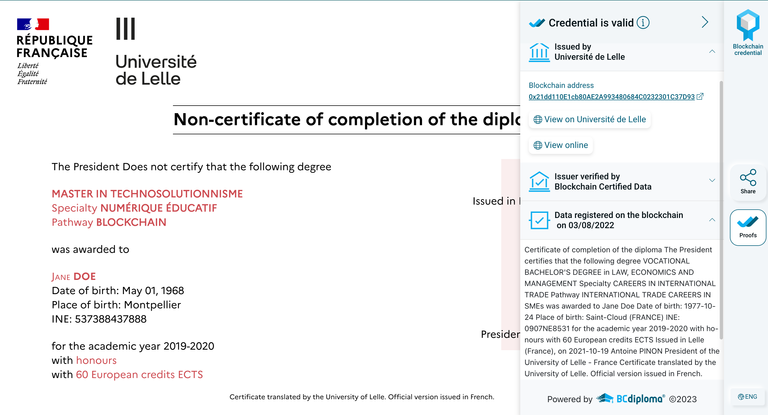 Exemple du faux certificat que l'on peut générer avec le site du PoC