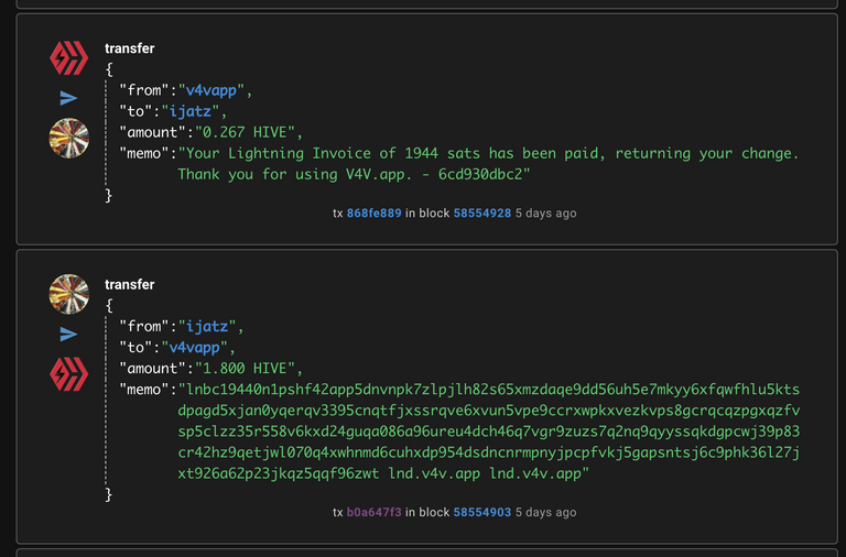 Sending 1.8 Hive receiving 1944 Sats and 0.267 Hive change