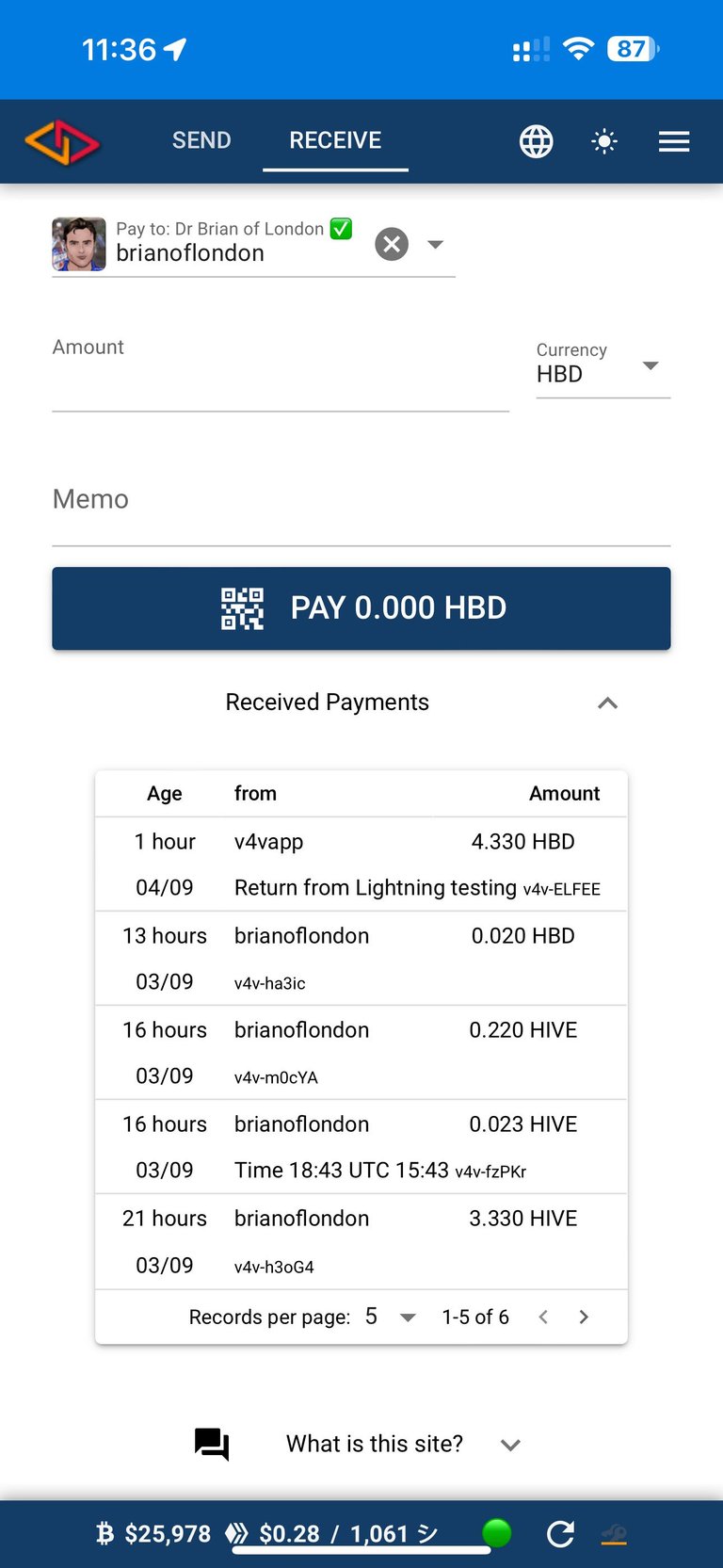 V4V.app list of transactions