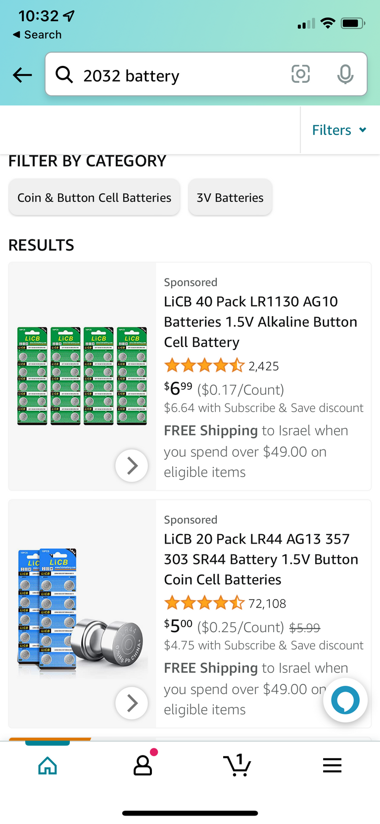 Amazon search for 2032 battery