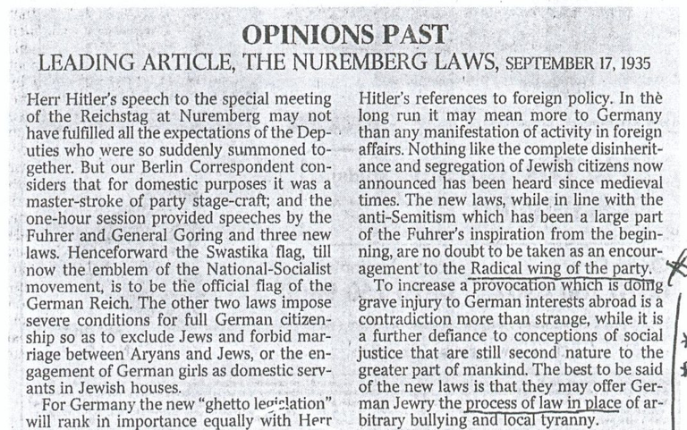 The Times, Sept 17 1935 - Leading Article, The Nuremberg Laws