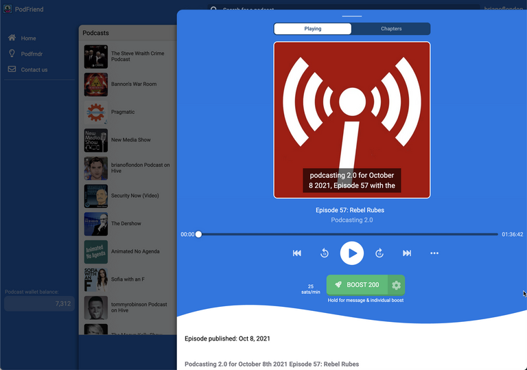 Podcasting 2.0 screenshot from @podfriend 