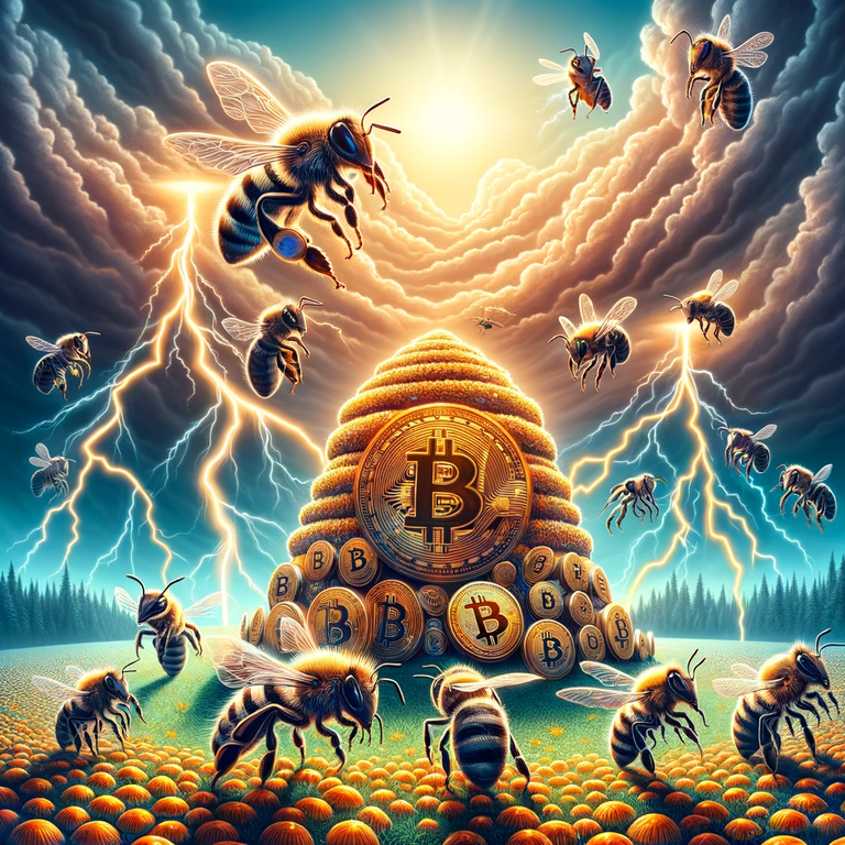 DALL·E 2023-12-03 14.30.43 - A vivid, imaginative scene depicting the convergence of technology and nature_ In the foreground, a large, detailed beehive bustling with activity, nu.png