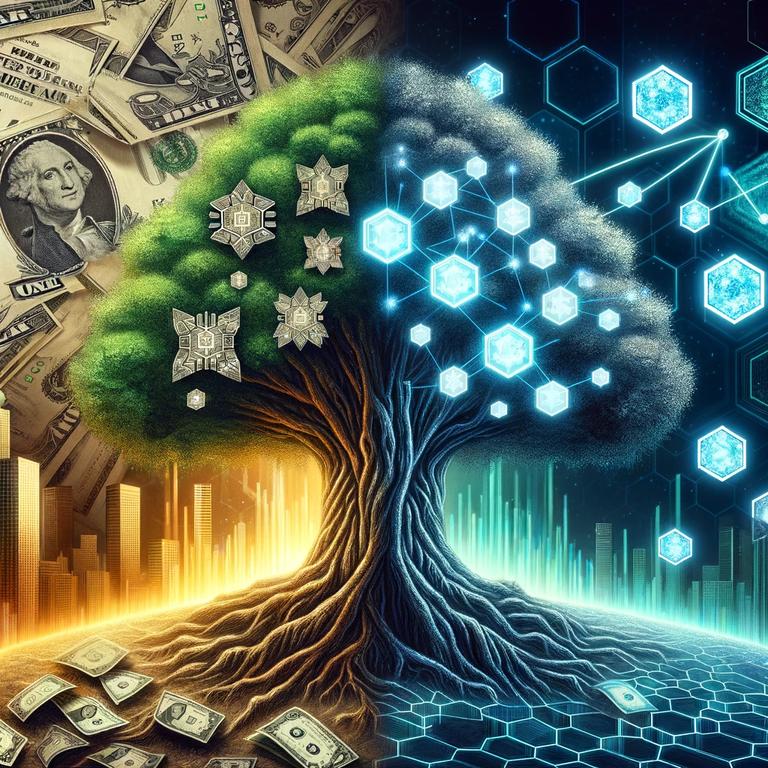 DALL·E 2023-12-04 12.50.56 - A conceptual artwork symbolizing the contrast between traditional fiat currency and blockchain technology. On one side, a large, robust tree with leav.png