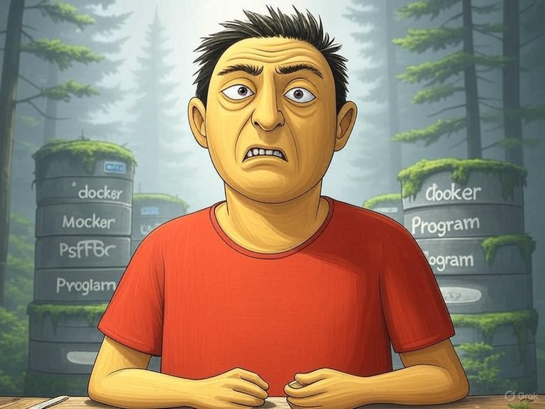 docker container frustration in the forest from grok.jpg