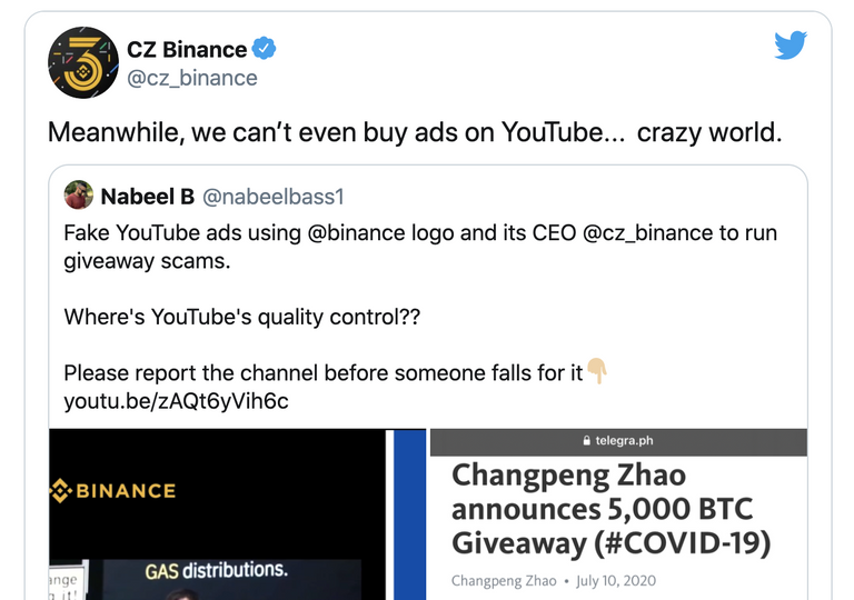 CZ of Binance Tweet: we can't buy ads on YouTube